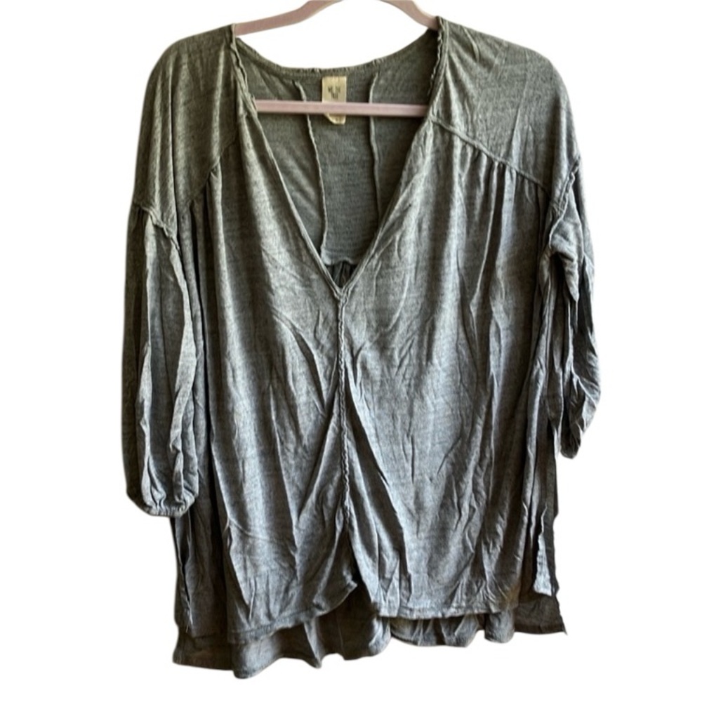 We the Free Oversized Tunic Top Size L Gray V-Neck Smocked Back
